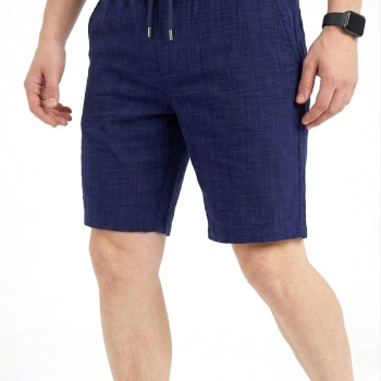 Erkek Keten Kumaş Cepli Rahat Kesim Bel Lastikli Şort - Lacivert