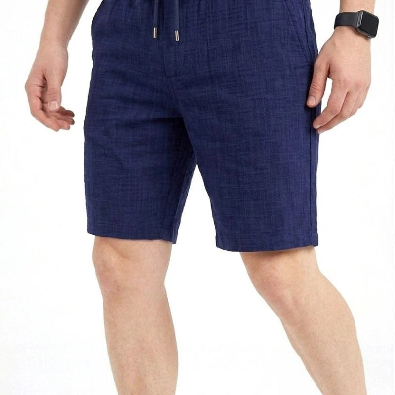 Erkek Keten Kumaş Cepli Rahat Kesim Bel Lastikli Şort - Lacivert