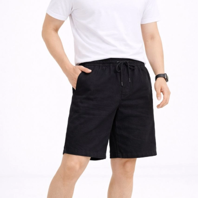 Erkek Keten Kumaş Cepli Rahat Kesim Bel Lastikli Şort - Siyah