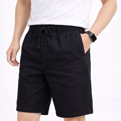 Erkek Keten Kumaş Cepli Rahat Kesim Bel Lastikli Şort - Siyah