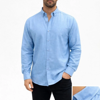 Erkek KETEN Kumaş Oversize Uzun Kollu Rahat Kalıp Gömlek - Açık Mavi