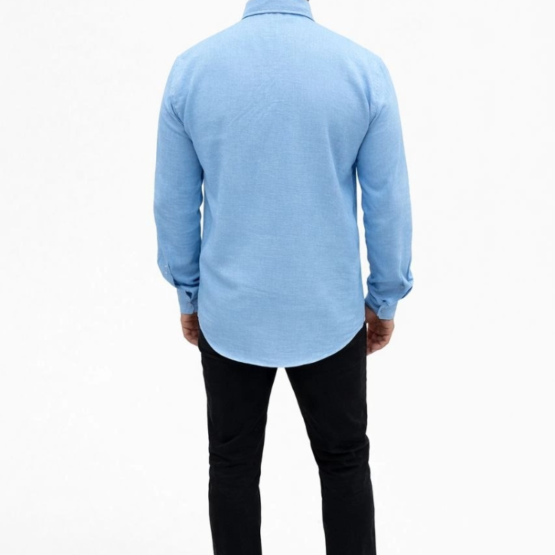 Erkek KETEN Kumaş Oversize Uzun Kollu Rahat Kalıp Gömlek - Açık Mavi