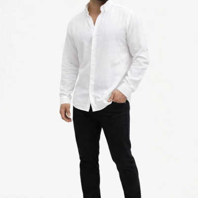 Erkek KETEN Kumaş Oversize Uzun Kollu Rahat Kalıp Gömlek - Beyaz