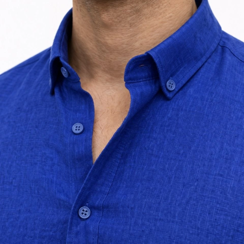 Erkek KETEN Kumaş Oversize Uzun Kollu Rahat Kalıp Gömlek - Saks Mavisi