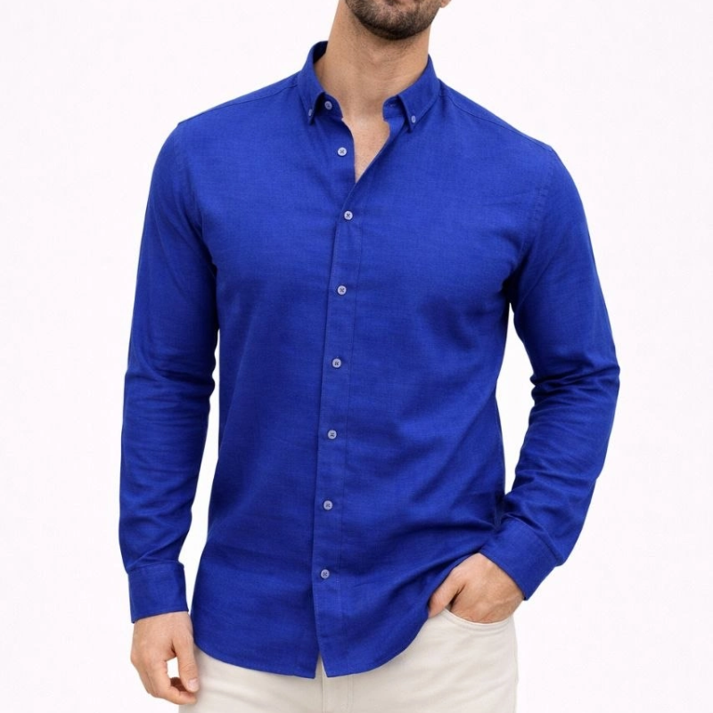 Erkek KETEN Kumaş Oversize Uzun Kollu Rahat Kalıp Gömlek - Saks Mavisi