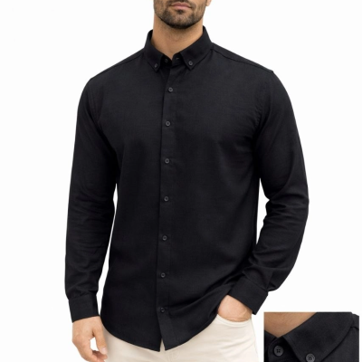 Erkek KETEN Kumaş Oversize Uzun Kollu Rahat Kalıp Gömlek - Siyah