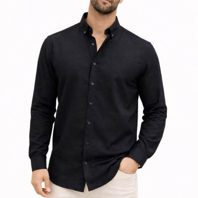 Erkek KETEN Kumaş Oversize Uzun Kollu Rahat Kalıp Gömlek - Siyah