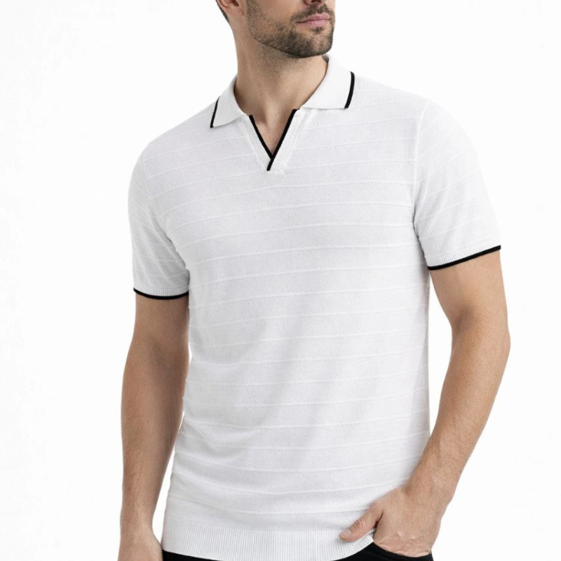 Erkek Kısa kol Fitilli Triko Polo Yaka Düğmesiz T-shirt 2'li Set Beyaz-Mint Yeşili