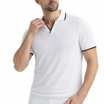 Erkek Kısa kol Fitilli Triko Polo Yaka Düğmesiz T-shirt 2'li Set Beyaz-Siyah