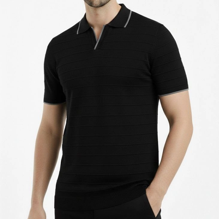 Erkek Kısa kol Fitilli Triko Polo Yaka Düğmesiz T-shirt 2'li Set Beyaz-Siyah