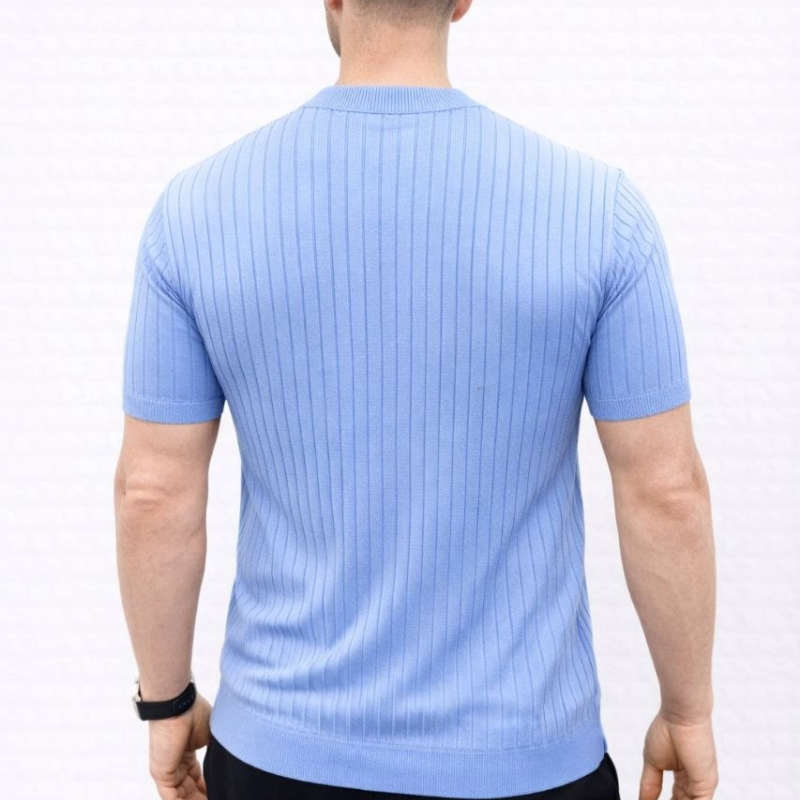 Erkek Kısa Kol Fitilli Triko T-Shirt Yazlık Hakim Yaka Tişört - Bebek Mavisi