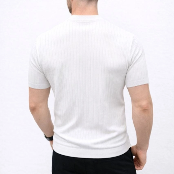 Erkek Kısa Kol Fitilli Triko T-Shirt Yazlık Hakim Yaka Tişört - Beyaz
