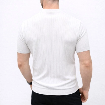 Erkek Kısa Kol Fitilli Triko T-Shirt Yazlık Hakim Yaka Tişört - Beyaz