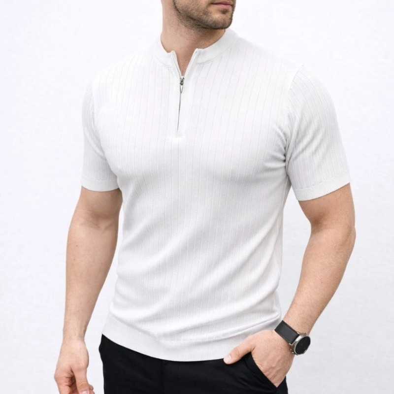 Erkek Kısa Kol Fitilli Triko T-Shirt Yazlık Hakim Yaka Tişört - Beyaz