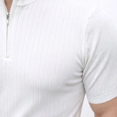 Erkek Kısa Kol Fitilli Triko T-Shirt Yazlık Hakim Yaka Tişört - Beyaz