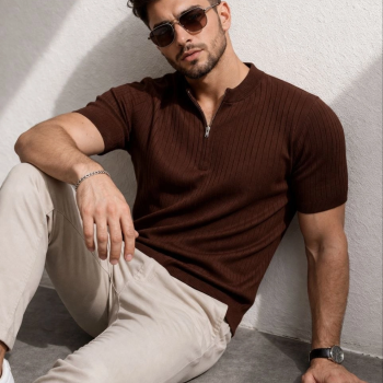 Erkek Kısa Kol Fitilli Triko T-Shirt Yazlık Hakim Yaka Tişört - Kahverengi