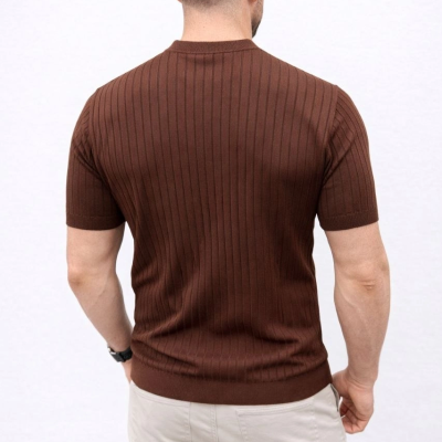 Erkek Kısa Kol Fitilli Triko T-Shirt Yazlık Hakim Yaka Tişört - Kahverengi