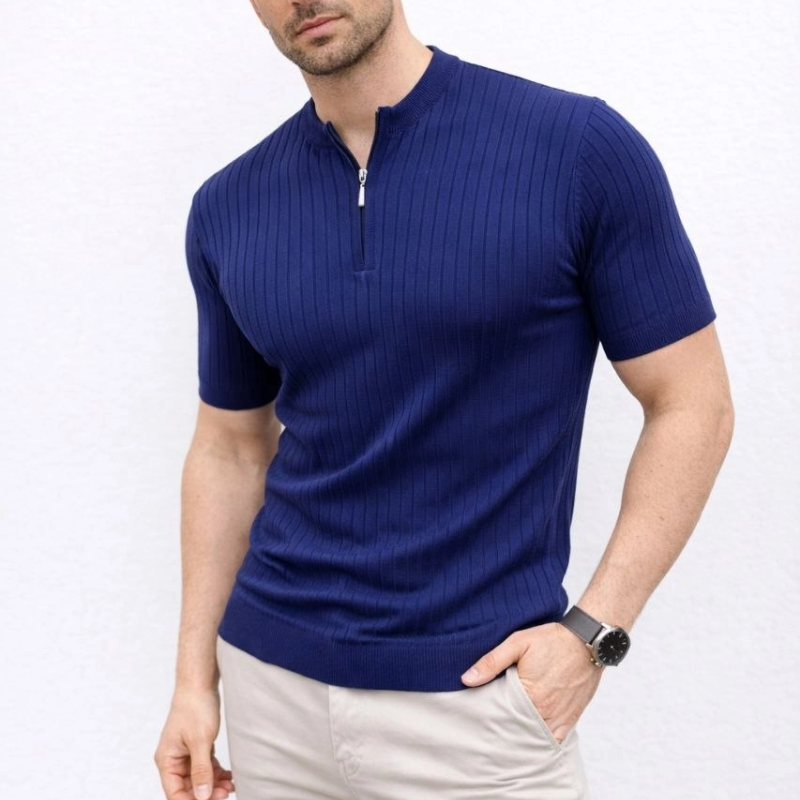 Erkek Kısa Kol Fitilli Triko T-Shirt Yazlık Hakim Yaka Tişört - Lacivert