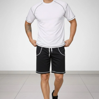 Erkek Kısa Kol Oversize Kalıp Tişört Şort ikili Takım Kontrast Dikişli - Beyaz