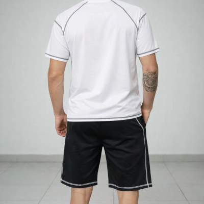 Erkek Kısa Kol Oversize Kalıp Tişört Şort ikili Takım Kontrast Dikişli - Beyaz