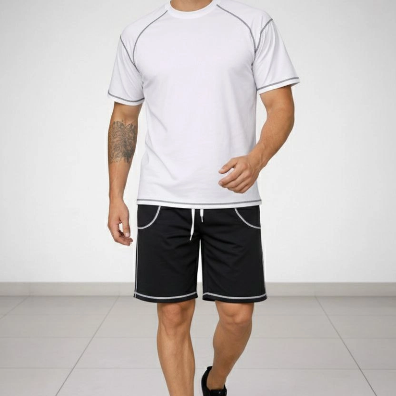 Erkek Kısa Kol Oversize Kalıp Tişört Şort ikili Takım Kontrast Dikişli - Beyaz