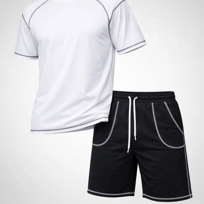 Erkek Kısa Kol Oversize Kalıp Tişört Şort ikili Takım Kontrast Dikişli - Beyaz