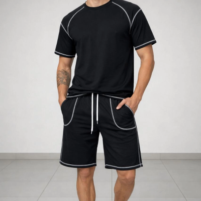 Erkek Kısa Kol Oversize Kalıp Tişört Şort ikili Takım Kontrast Dikişli - Siyah