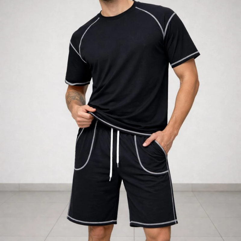 Erkek Kısa Kol Oversize Kalıp Tişört Şort ikili Takım Kontrast Dikişli - Siyah