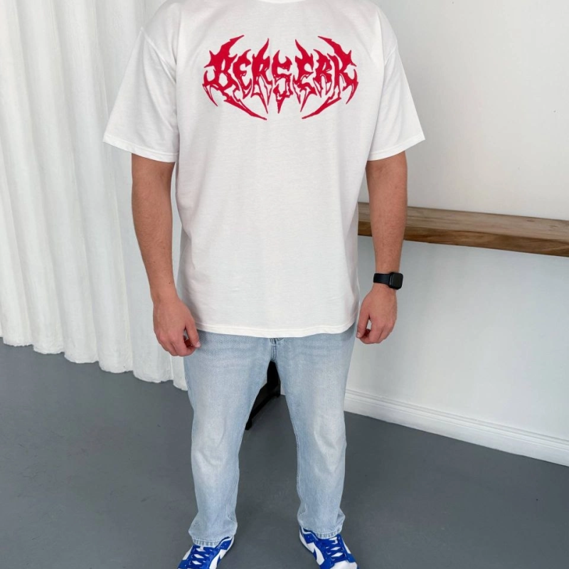 Erkek Kısa Kol Yazlık Tişört Bisiklet Yaka Baskılı Oversize T-Shirt - Beyaz