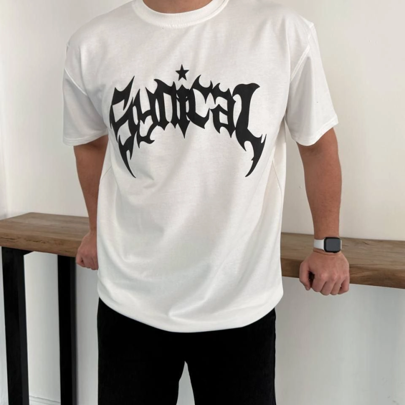 Erkek Kısa Kol Yazlık Tişört Bisiklet Yaka Baskılı Oversize T-Shirt - Beyaz