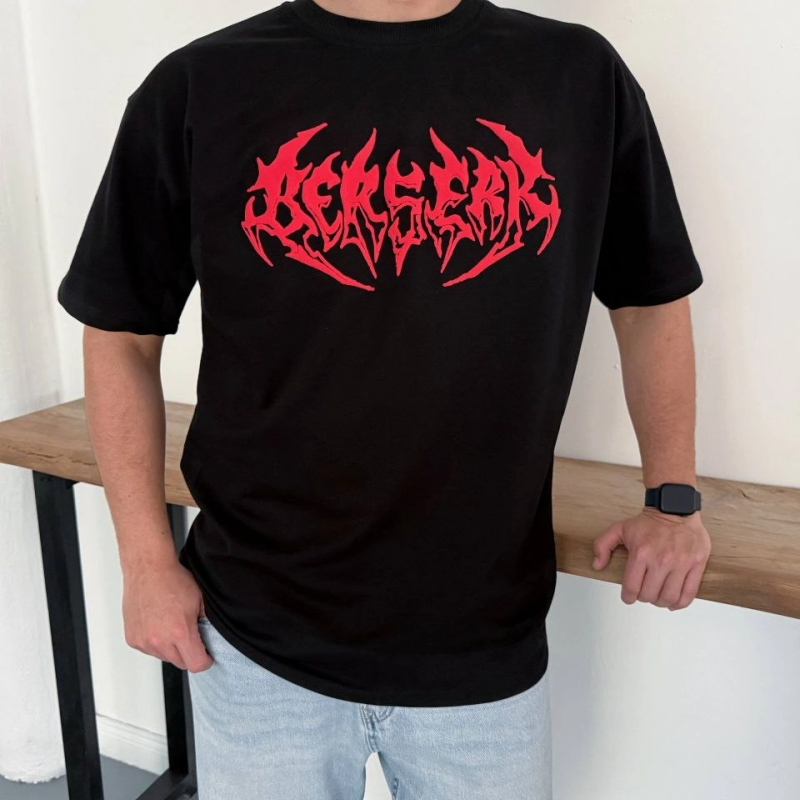 Erkek Kısa Kol Yazlık Tişört Bisiklet Yaka Baskılı Oversize T-Shirt - Siyah