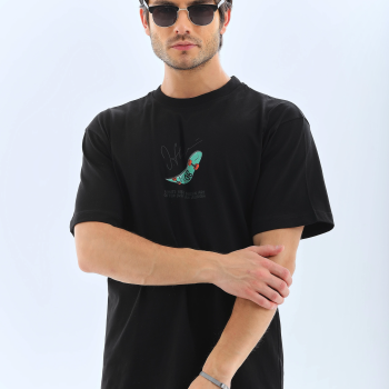 Erkek Kısa Kol Yazlık Tişört Bisiklet Yaka Baskılı Oversize T-Shirt - Siyah
