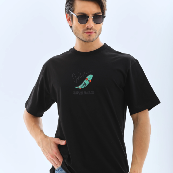 Erkek Kısa Kol Yazlık Tişört Bisiklet Yaka Baskılı Oversize T-Shirt - Siyah
