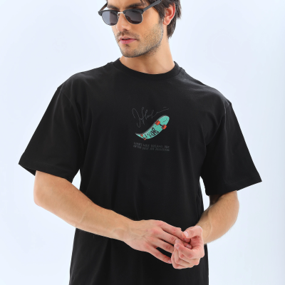 Erkek Kısa Kol Yazlık Tişört Bisiklet Yaka Baskılı Oversize T-Shirt - Siyah