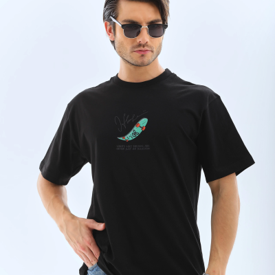 Erkek Kısa Kol Yazlık Tişört Bisiklet Yaka Baskılı Oversize T-Shirt - Siyah
