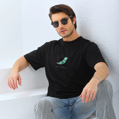 Erkek Kısa Kol Yazlık Tişört Bisiklet Yaka Baskılı Oversize T-Shirt - Siyah