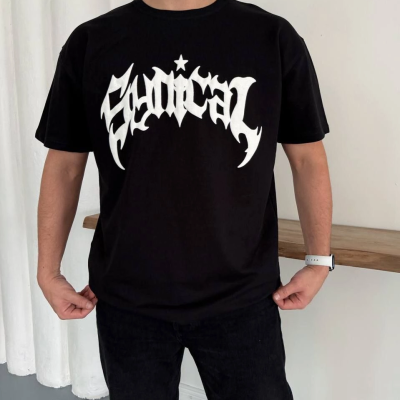 Erkek Kısa Kol Yazlık Tişört Bisiklet Yaka Baskılı Oversize T-Shirt - Siyah