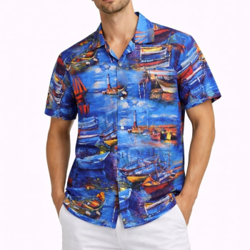 Erkek Marin Desenli Kısa Kol Gömlek Yazlık Rahat Kalıp Dijital Baskılı - Desenli