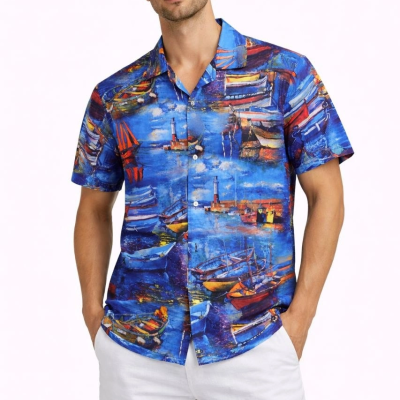 Erkek Marin Desenli Kısa Kol Gömlek Yazlık Rahat Kalıp Dijital Baskılı - Desenli