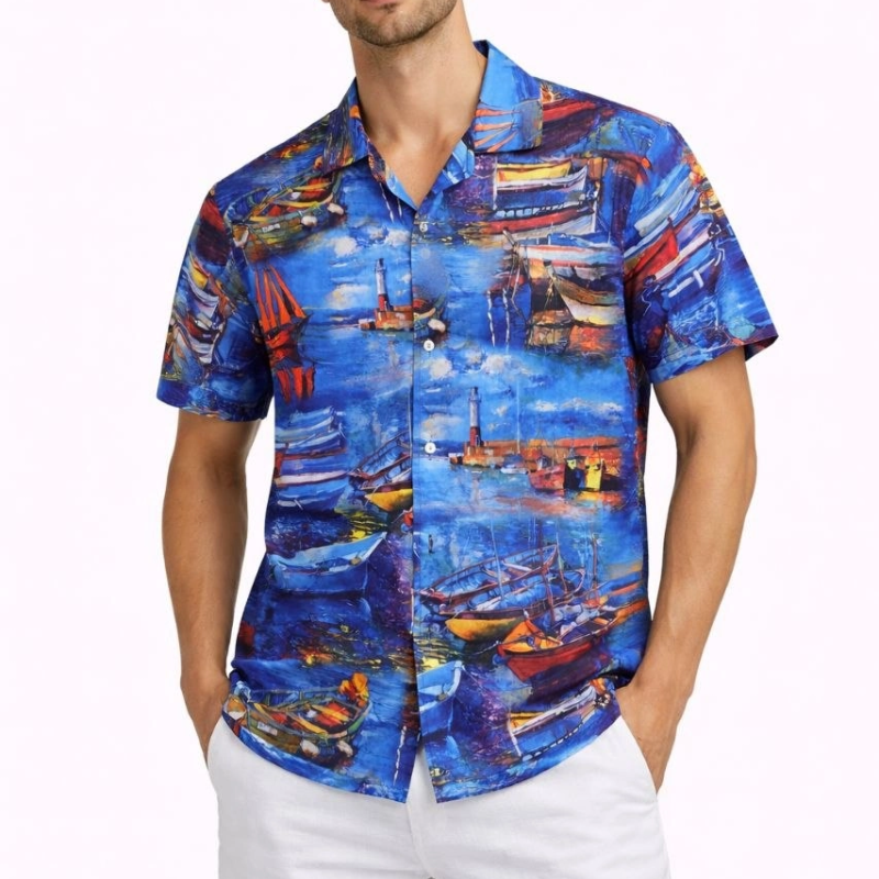Erkek Marin Desenli Kısa Kol Gömlek Yazlık Rahat Kalıp Dijital Baskılı - Desenli