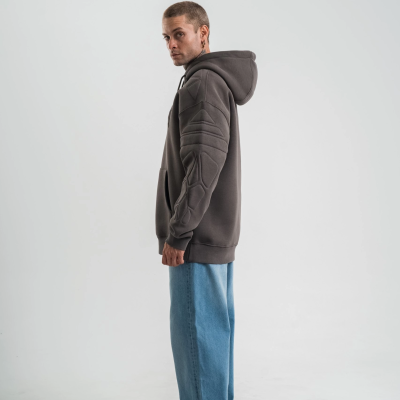 Erkek Nakışlı Kapüşonlu Oversize 3 İplik Pamuklu SweatShirt Hoodie - Füme