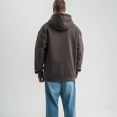 Erkek Nakışlı Kapüşonlu Oversize 3 İplik Pamuklu SweatShirt Hoodie - Füme