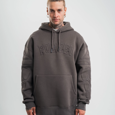 Erkek Nakışlı Kapüşonlu Oversize 3 İplik Pamuklu SweatShirt Hoodie - Füme