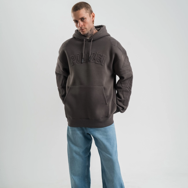 Erkek Nakışlı Kapüşonlu Oversize 3 İplik Pamuklu SweatShirt Hoodie - Füme