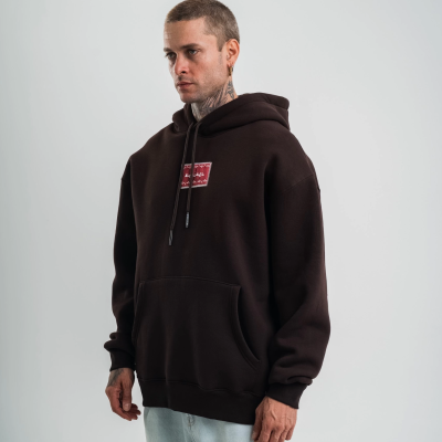 Erkek Nakışlı Kapüşonlu Oversize 3 İplik Pamuklu SweatShirt Hoodie - Siyah