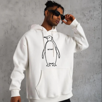 Erkek Nihilist Penguen Baskılı 3 İplik Pamuklu Kapüşonlu Sweatshirt Hoodie Beyaz