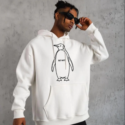 Erkek Nihilist Penguen Baskılı 3 İplik Pamuklu Kapüşonlu Sweatshirt Hoodie Beyaz