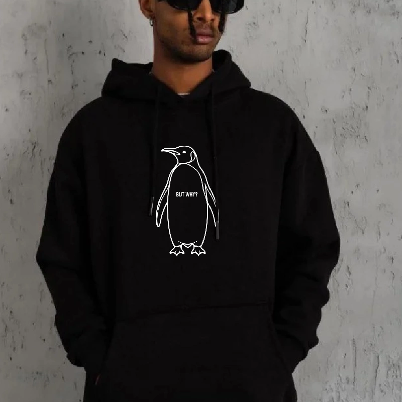 Erkek Nihilist Penguen Baskılı 3 İplik Pamuklu Kapüşonlu Sweatshirt Hoodie Siyah