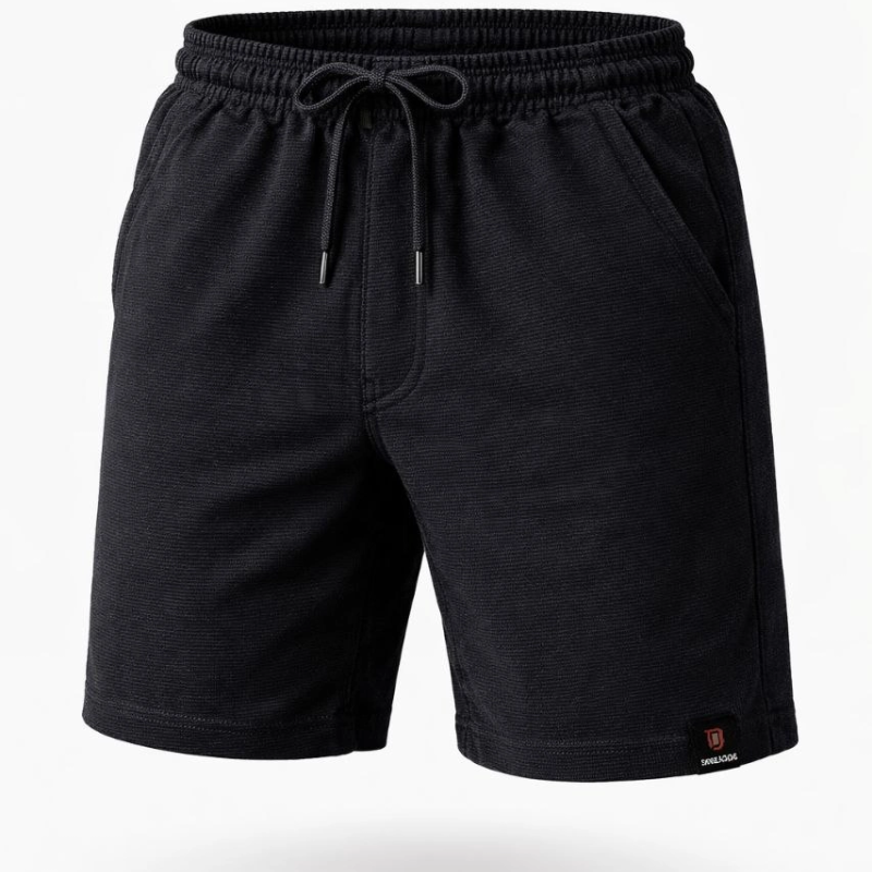 Erkek otoban Dokuma Kumaş Beli Lastikli Bağcıklı, Cepli, Yazlık Şort - Siyah