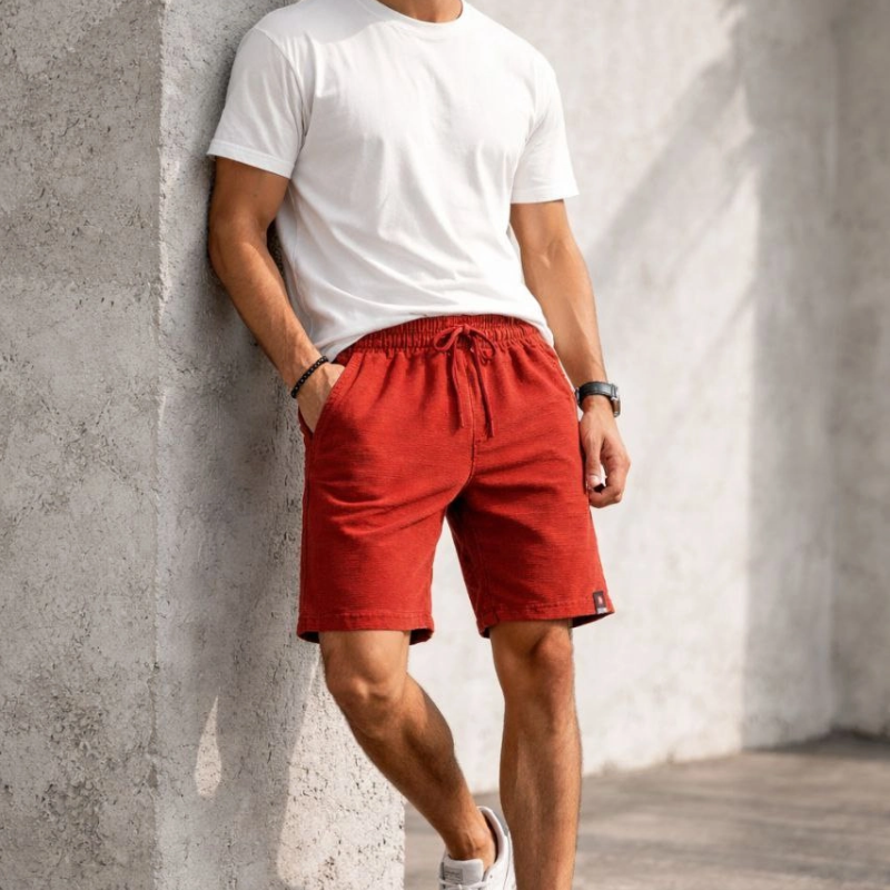 Erkek otoban Dokuma Kumaş Beli Lastikli, Cepli, Yazlık Şort - Turuncu